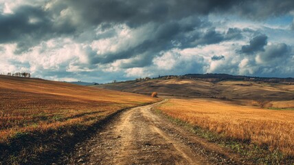 Autumn italian rural landscape with panoramic fields, winding dirt road, golden farmland and cloudy dramatic sky in warm retro vintage style