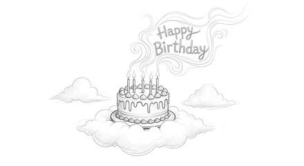 Obraz premium Whimsical birthday cake illustration with candles and clouds