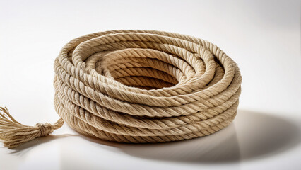 A clean coil of rope positioned precisely on white background