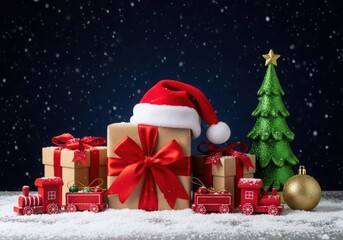 Christmas gifts and train with santa hat on snowy background