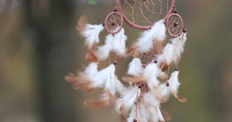 Shamanism. Beautiful dream catcher hanging outdoors, closeup - Powered by Adobe