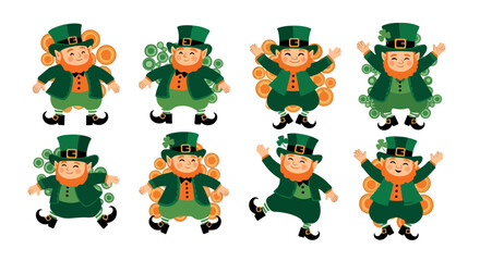 Happy leprechauns with coins and shamrocks