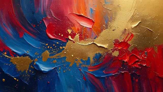 Dynamic abstract fluid art with vibrant red and blue brushstrokes accented with shimmering gold paint for a modern, luxurious feel - Powered by Adobe