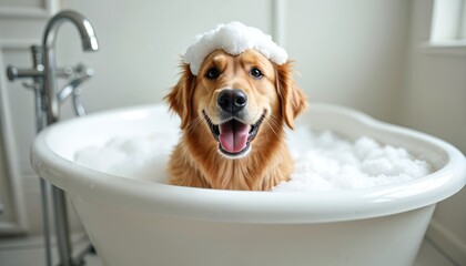 Golden retriever enjoys bubble bath in white tub. Dog has foam hat on head. Animal relaxes in water. Pet care, grooming, spa day at home. Happy playful dog bathes.