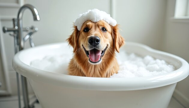 Golden retriever enjoys bubble bath in white tub. Dog has foam hat on head. Animal relaxes in water. Pet care, grooming, spa day at home. Happy playful dog bathes. - Powered by Adobe