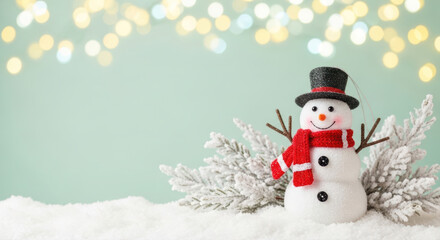 Cute snowman figurine with snowy branches on a mint green background, featuring festive bokeh lights and copy space for winter holiday greetings.