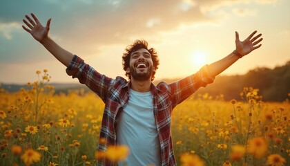 Joyful young Indian man smiles, laughs, arms open wide in blooming yellow meadow. Feels nature, freedom, good mental health at sunset. Happy male stands in flower field. Guy expresses wellbeing,