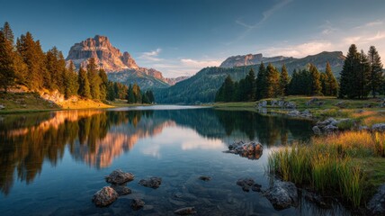 Stunning sunset over calm lake misurina with majestic dolomites mountains in the background, serene alpine landscape, evening light reflecting on pristine water, breathtaking nature scenery