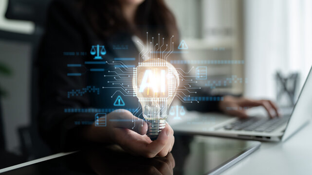 AI circuit microchip with glowing blue lines, surrounded by legal scales, warning symbols, data sheets, and binary codes, representing ethical AI, AI governance, and data integrity Latch - Powered by Adobe