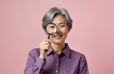 Senior asian woman looks through magnifying glass. Smiling elderly person explores details. Mature lady seeks information with magnifier tool on pink backdrop. Concept of investigation, curiosity,
