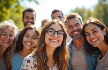 Fototapeta premium Multigenerational group of diverse people smiles for photo. Asian woman with glasses central, friends of different ages share happy fun together. Mixed race community enjoys outdoor sunny day.