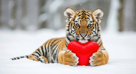 Adorable tiger cub lying on pristine snow, tenderly holding a vibrant red heart in its paws, with copy space.