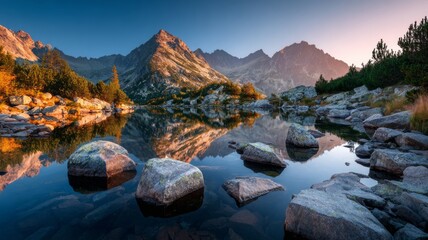 Breathtaking himalayan mountain landscape at sunrise with golden sunlight illuminating snow-capped peaks, rocky mountain lake reflection, and clear blue sky