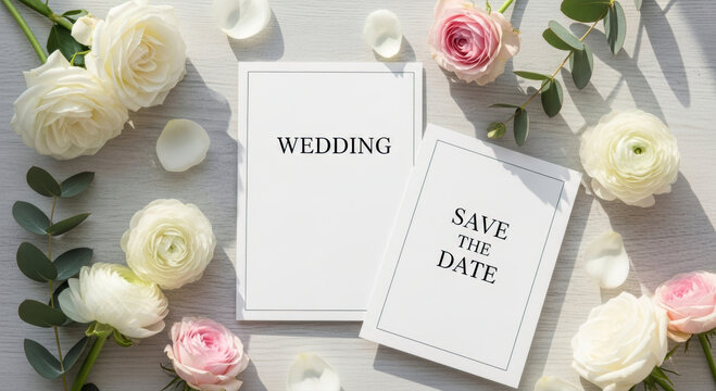 Elegant Wedding Invitation and Save the Date Mockup with Delicate Pink and White Roses on a Rustic Wooden Background. - Powered by Adobe