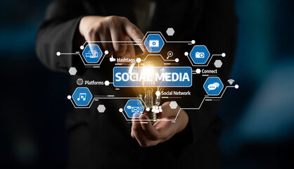 A business person holds a light bulb symbolizing ideas in a digital landscape filled with social media icons, illustrating modern communication and marketing strategies. Tessel