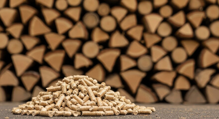 Obraz premium Biomass Wood Pellets on Textured Surface with Blurred Woodpile Background for Copy Space