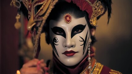 Person in an elaborate Venetian masquerade costume and white mask with black and red details, holding a part of the ornate headpiece.
