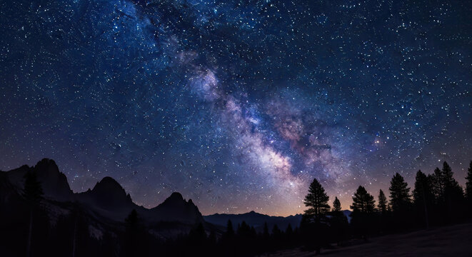 A serene national park's starry night sky with the luminous Milky Way above silhouetted mountains and pine trees.