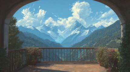 Obraz premium Scenic balcony overlooking majestic mountain range on a sunny day with terrace and panoramic landscape view