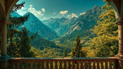 Obraz premium Scenic balcony overlooking majestic mountain range on a sunny day with terrace and panoramic landscape view