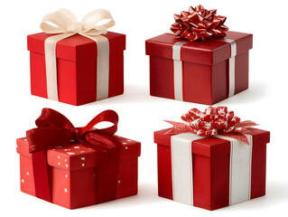 Set of red gift boxes with bows and ribbons for Christmas, birthday, or Valentine's Day celebrations