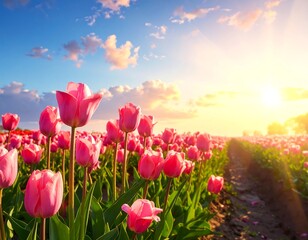 A vibrant field of pink tulips basks in the warm glow of the setting sun, under a bright blue sky filled with fluffy white clouds
