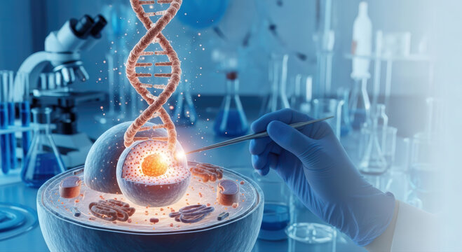 Pioneering genetic engineering A scientist's gloved hand interacts with a luminous human cell and DNA helix in a dynamic biotechnology research lab. - Powered by Adobe