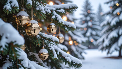 Silver bells hanging from snowy pine branches, creating a crisp, festive winter atmosphere and delivering strong, memorable seasonal branding.