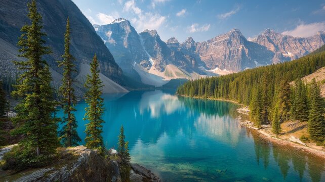 Scenic summer view of turquoise moraine lake surrounded by rugged peaks and evergreen forest in banff national park landscape in alberta canada rocky mountains nature scenery