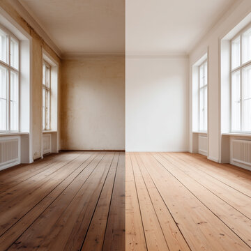 Before and after comparison of empty room renovation with wooden floor