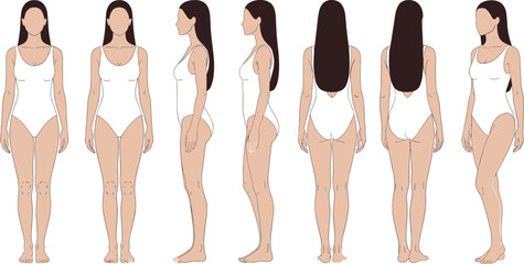 Female body views illustration, front side back angles, white outfit, medical reference, fashion design, anatomical pose, vector set, stock image
