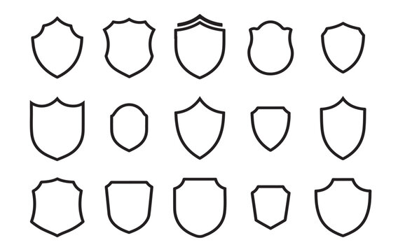 Vector collection of outline shield shapes. A set of minimalist heraldic badge and emblem templates for creating security and protection logos