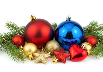 Christmas ornaments and pine branches isolated on white background