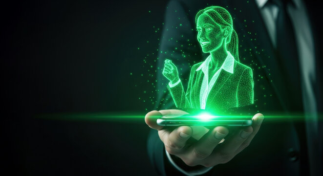 AI 3D Holographic Business Assistant Rising from Smartphone, Handheld Close-Up, Futuristic Technology Interaction