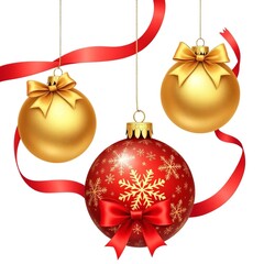 Christmas ornaments with gold and red bows, snowflake patterns, and festive ribbon &ndash; JPEG illustration