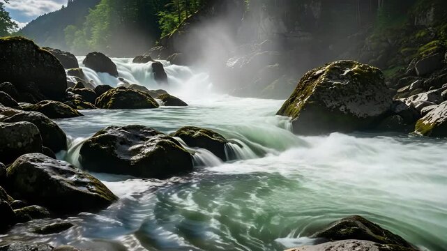 Tranquil waterfall cascading through lush rocky terrain with misty sunlight