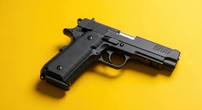 A black semi-automatic handgun rests on a vibrant yellow background, offering ample copy space for design or text. This professional stock image highlights a modern firearm.