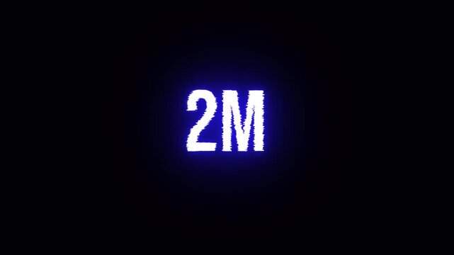 2m one million blue neon glowing text animation on transparent background with alpha channel. symbol for celebration, achievement, success, social media event
