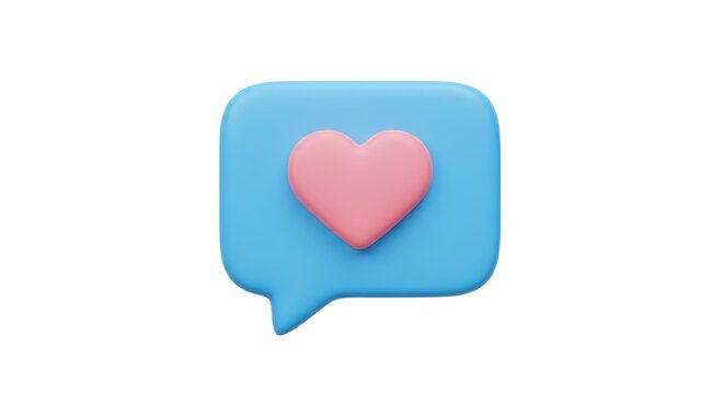 Blue speech bubble with pink heart icon on white background.