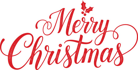 Merry Christmas red script, holiday greeting vector, elegant cursive text, holly berry decoration, festive typography, seasonal design, stock illustration