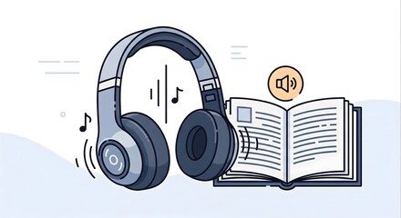 Concept of audio learning and digital entertainment shown with wireless headphones and an open book representing an audiobook