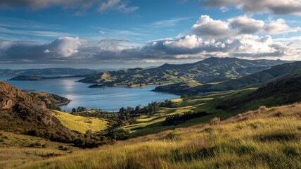 Stunning dunedin landscape on the otago peninsula, new zealand, featuring rolling green hills, dramatic coastal cliffs, and serene ocean views under a clear blue sky