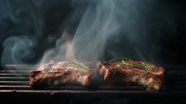 Two pieces of meat with herbs grilling on a hot barbecue grate with smoke rising.