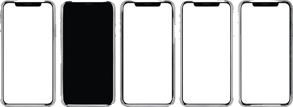Minimalist vector illustration of five modern smartphone frames in clean lineup arrangement, showcasing sleek bezel design, blank screen layout, and contemporary mobile device concepts for digital