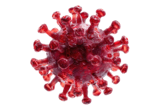 Red, spiky, textured virus rendering on a black background - Powered by Adobe