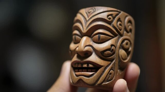 Close-up of a hand holding a beautifully carved wooden tiki mask or tribal face sculpture with intricate details.