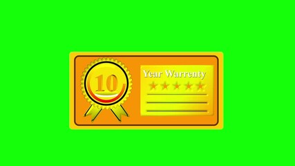 Golden 10 year warranty certificate badge with ribbon and five stars on green screen, premium product guarantee label, metallic gold quality assurance seal for trusted service and reliability