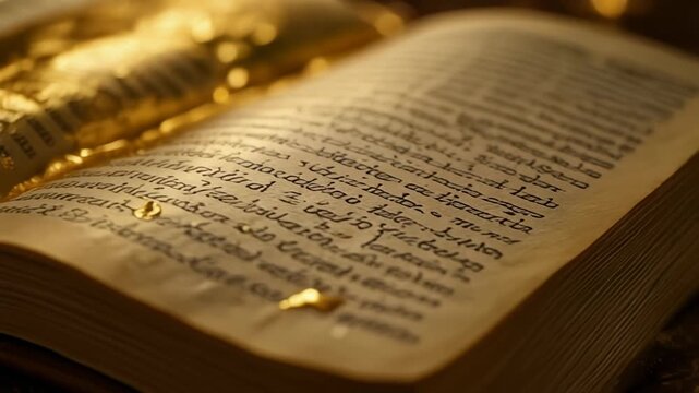Close-up of an ancient illuminated manuscript with handwritten text and golden details.