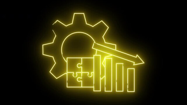 A yellow neon outline depicts a gear puzzle pieces a bar graph and a downward arrow against a black backdrop