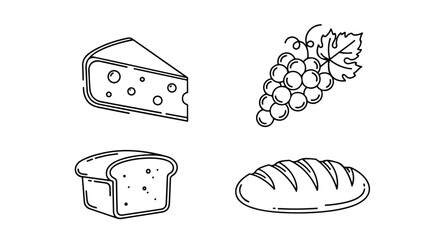 Food icons: cheese, grapes, bread with transparent background